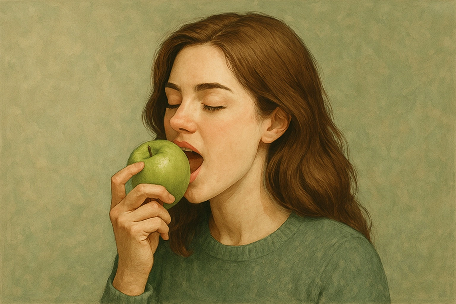 Frau genießt einen Apfel